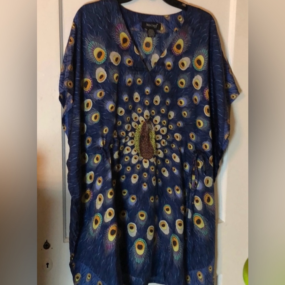 Pineda Covalin HUICHOL Peacock Silk Top With Belt Women’s One Size (S-L) Blue